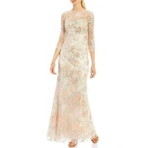 NEW AIDAN MATTOX sheer embroidered lace gown in blush multi